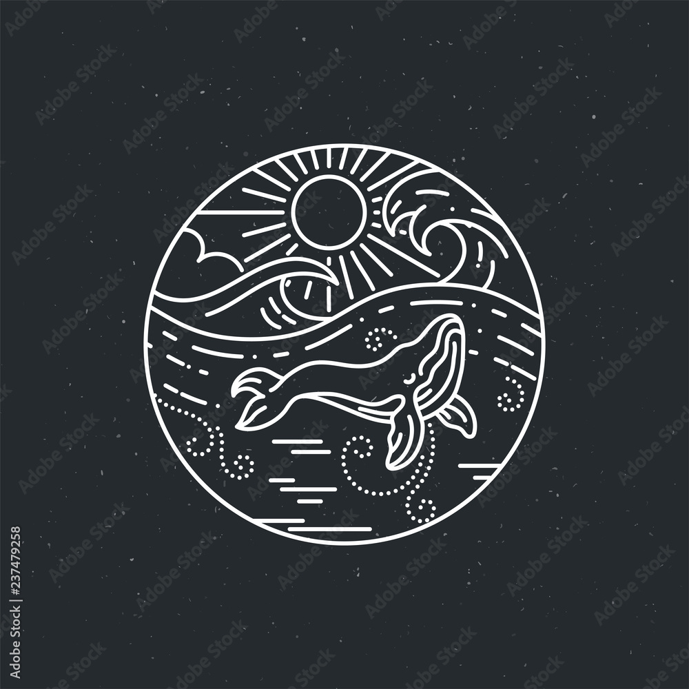 Fototapeta premium Huge Whale with sun ocean. Nature exploration poster or label. Modern flat linear vector illustration