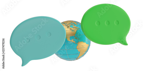 Speech bubble and globe isolated on white background. 3D illustration.