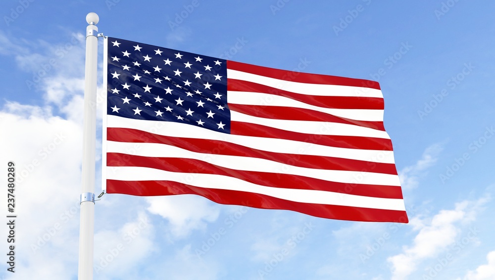 3D render of a the american flag blowing in the wind with a bright blue sky in the background
