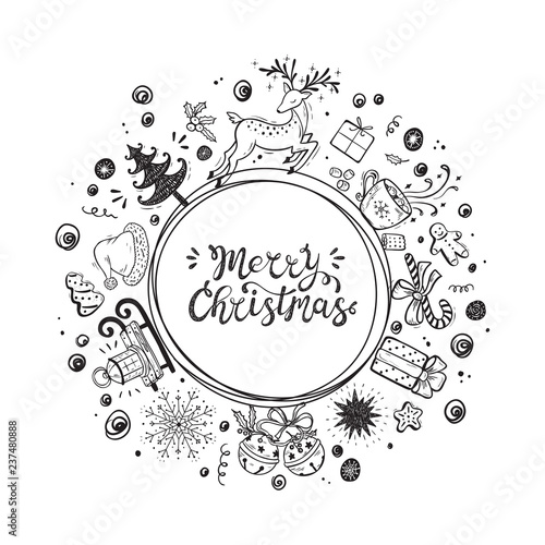 Merry Christmas. Holiday Vector Round Frame. Xmas greeting Card Template. Happy Winter Holidays poster. Christmas wreath. New Year
