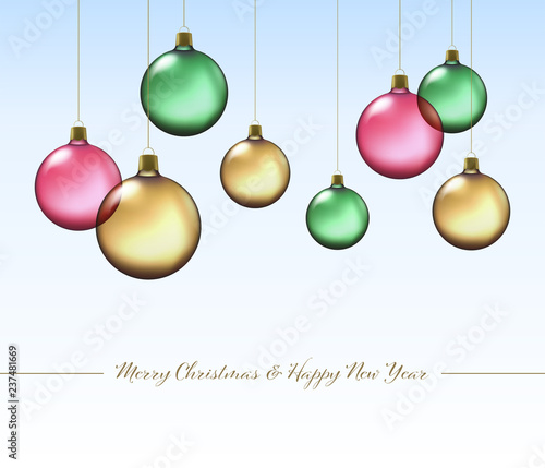 Merry Christmas. Winter holiday greeting card with colorful transparent Christmas balls. Vector illustration 