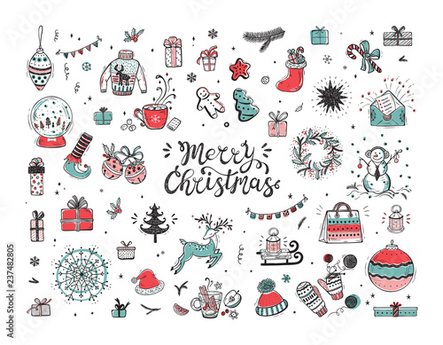 Merry Christmas. Holiday Vector Big Set of Hand Drawn Doodle Christmas characters and decorations with hand lettering calligraphic. Xmas greeting Card Template. Happy Winter Holidays poster. New year