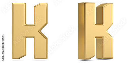 Letter k from gold solid alphabet isolated on white background. 3D illustration.