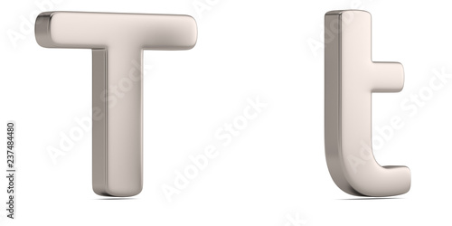 Letter t from steel solid alphabet isolated on white background. 3D illustration.