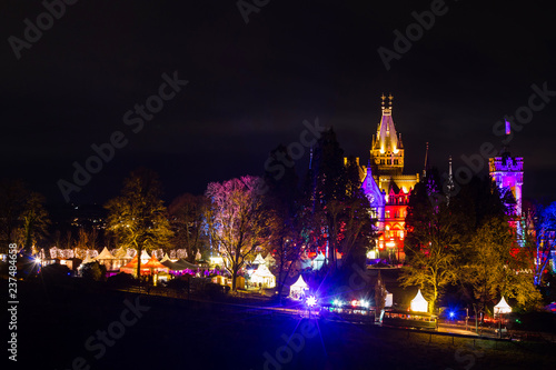 drachenburg castle koenigswinter germany colorful lights at night