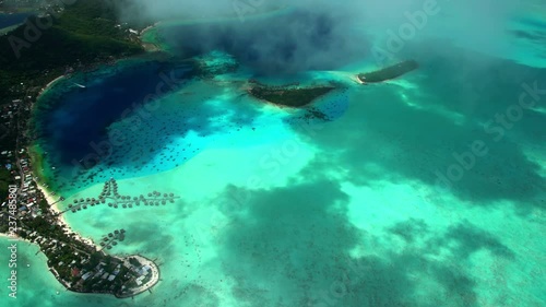Aerial of Overwater Bungalows Matira Point Bora Bora South Pacific ocean photo