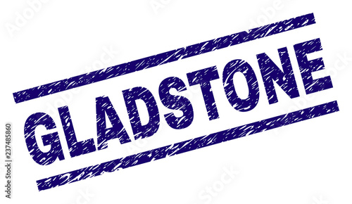 GLADSTONE seal imprint with distress style. Blue vector rubber print of GLADSTONE caption with dust texture. Text caption is placed between parallel lines.