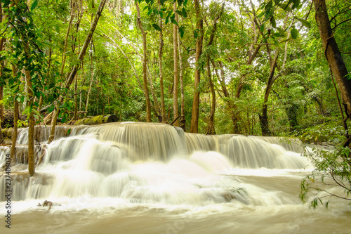 Huai Mae Khamin waterfall in the rainy season with turbid flowing water,In province  Kanchanaburi  Thailand