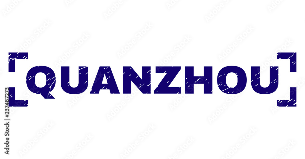 QUANZHOU text seal watermark with corroded texture. Text title is placed inside corners. Blue vector rubber print of QUANZHOU with retro texture.