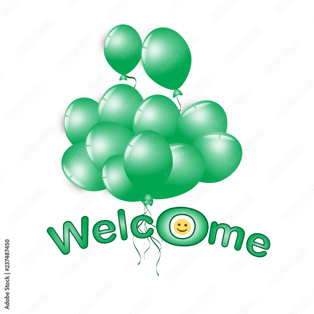 welcome word with smiling face emoji and set of green balloon ...