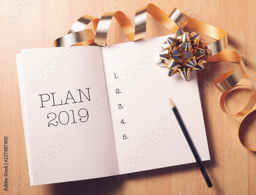 2019 New Year plan with gold decoration.