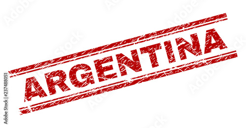 ARGENTINA seal print with corroded texture. Red vector rubber print of ARGENTINA label with grunge texture. Text label is placed between double parallel lines.