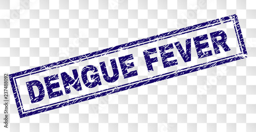 DENGUE FEVER stamp seal print with scratched style and double framed rectangle shape. Stamp is placed on a transparent background. Blue vector rubber print of DENGUE FEVER tag with corroded texture.