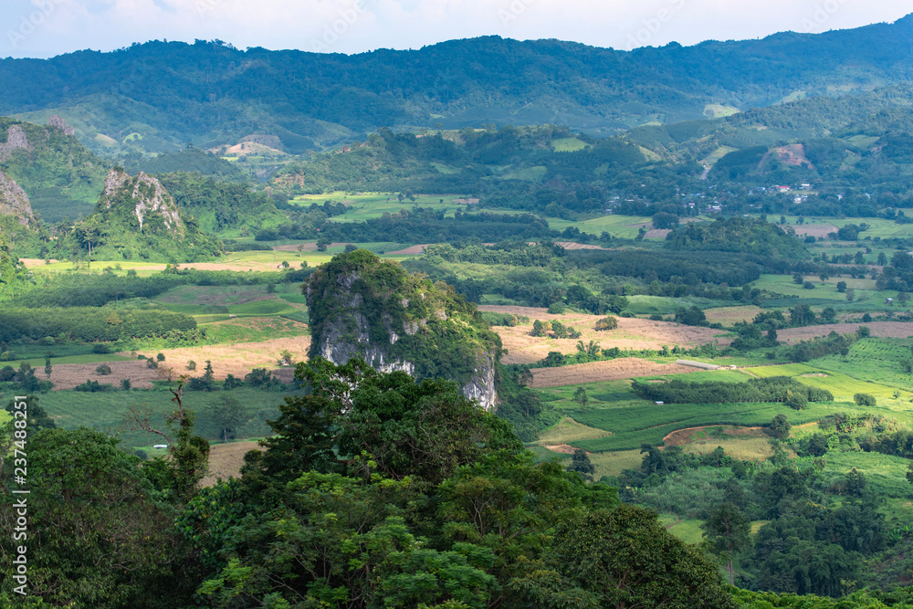 Obraz premium Beautiful landscape of valley in Phu Lanka, small trail,coffee shop, majestic picturesque view in sunny day