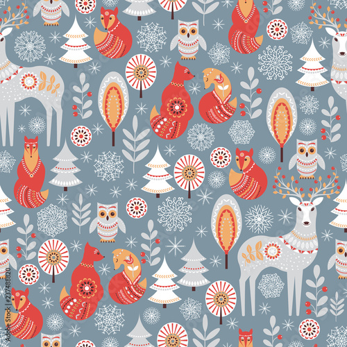 Seamless pattern with winter forest, deer, owl and fox. 