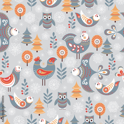 Pattern with birds, owls, trees and snowflakes