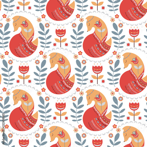 Seamless pattern with foxes and flowers 