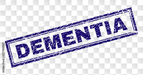 DEMENTIA stamp seal print with dirty style and double framed rectangle shape. Stamp is placed on a transparent background. Blue vector rubber print of DEMENTIA tag with scratched texture.