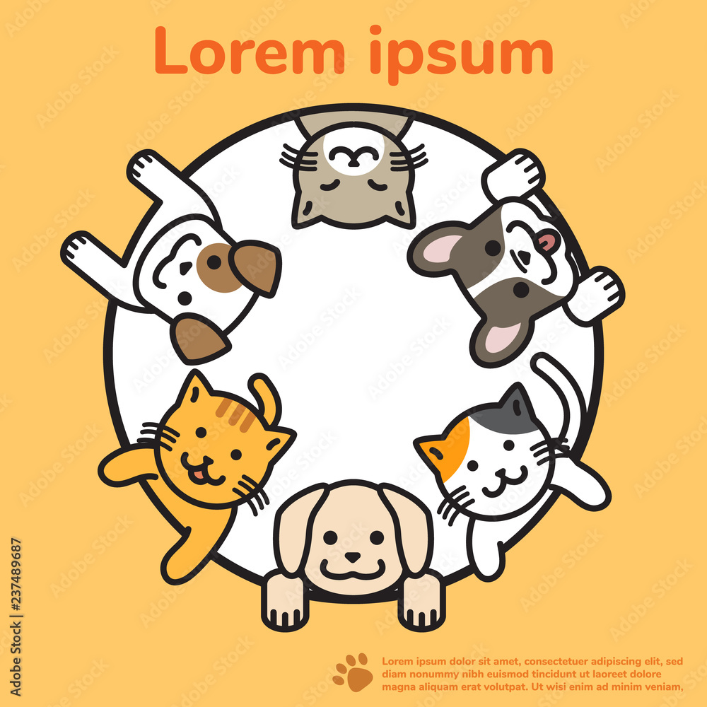 smilling dogs and cats in circle with copy space, pet in outline cartoon smilling dogs and cats in circle with copy space, pet in outline cartoon