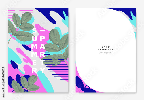 Botanical summer party invitation card template design, green leaves with colorful abstract graphic shapes, pink and purple tones