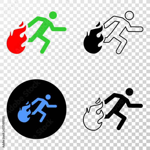 Geographic collage of dotted person running away from fire and grunge stamp. Mosaic vector person running away from fire composed with square dots and gradient from blue to red color.