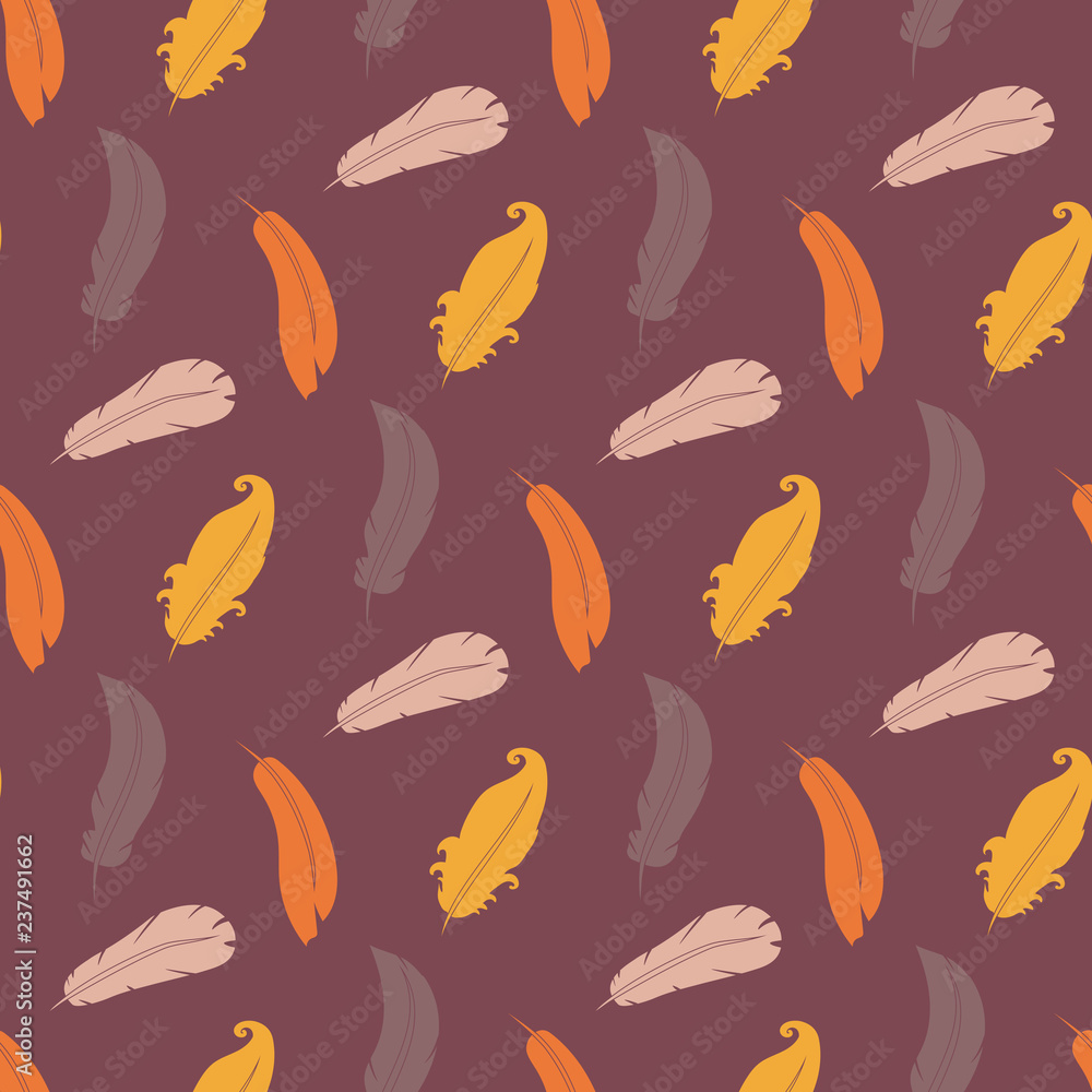 Obraz premium Vector feathers pattern isolated on a brown background.