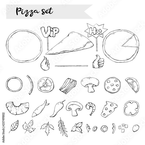 Vector pizza set,collection over white.Pizza ingredient black silhouette.