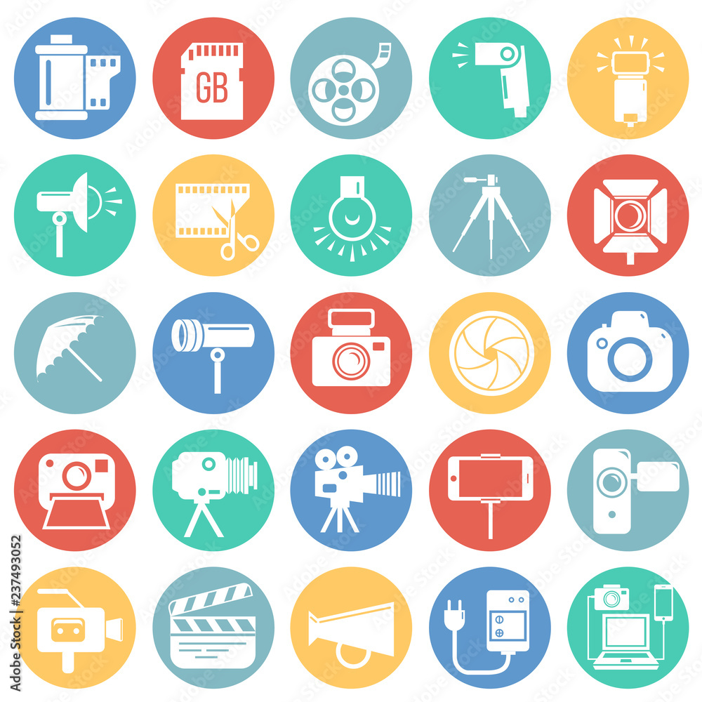 Photography and videography icon set on color circles background for graphic and web design, Modern simple vector sign. Internet concept. Trendy symbol for website design web button or mobile app Photography and videography icon set on color circles background for graphic and web design, Modern simple vector sign. Internet concept. Trendy symbol for website design web button or mobile app