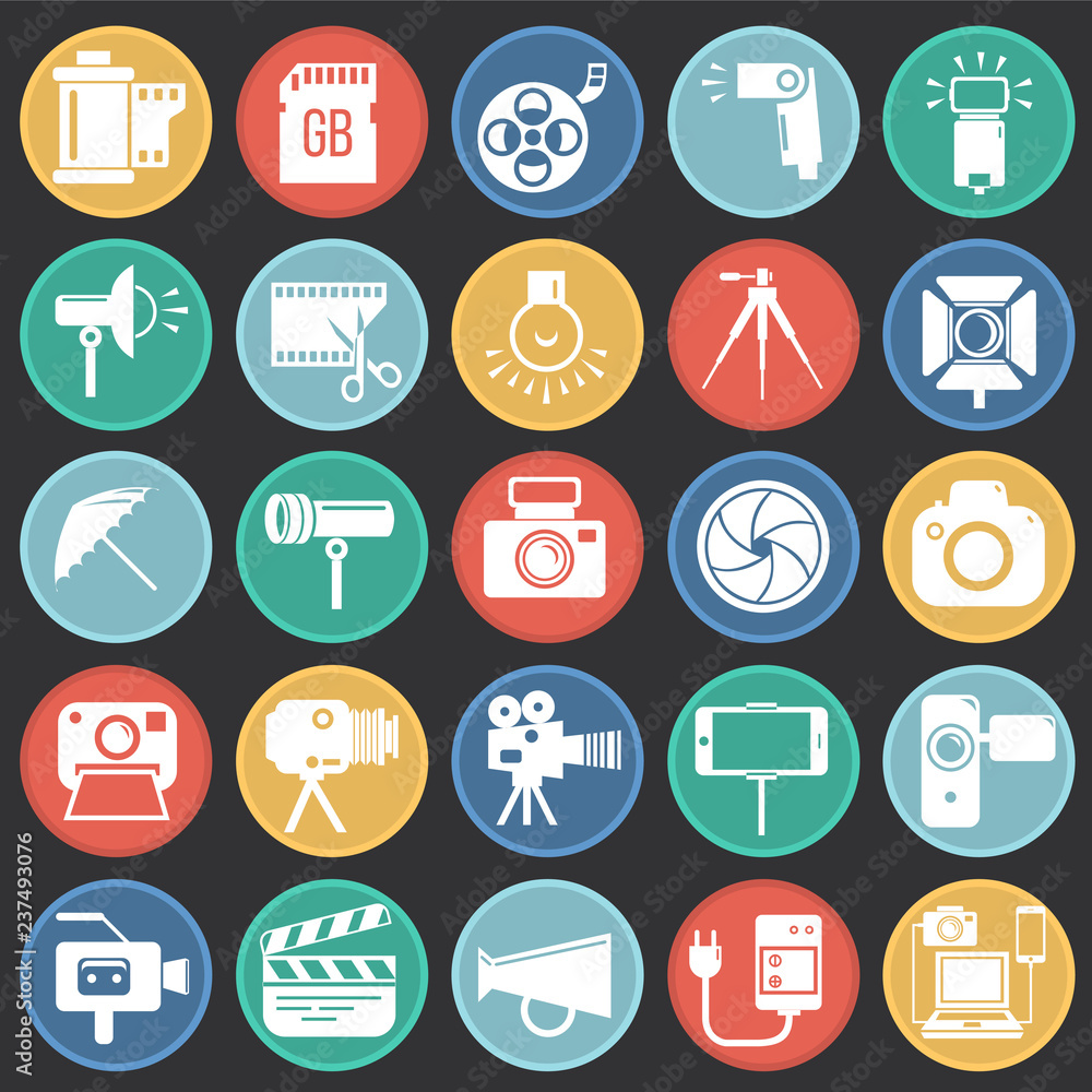 Photography and videography icon set on color circles black background for graphic and web design, Modern simple vector sign. Internet concept. Trendy symbol for website design web button or mobile Photography and videography icon set on color circles black background for graphic and web design, Modern simple vector sign. Internet concept. Trendy symbol for website design web button or mobile