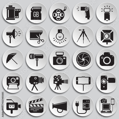 Photography and videography icon set on plates background for graphic and web design, Modern simple vector sign. Internet concept. Trendy symbol for website design web button or mobile app