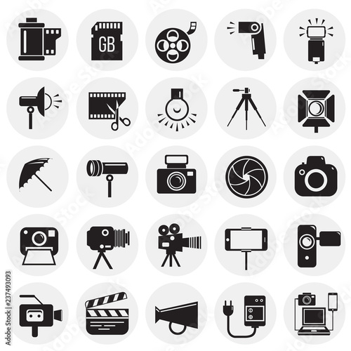 Photography and videography icon set on circles background for graphic and web design, Modern simple vector sign. Internet concept. Trendy symbol for website design web button or mobile app