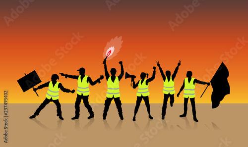 Yellow vests protest in Paris France in front of sunset