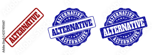 ALTERNATIVE grunge stamp seals in red and blue colors. Vector ALTERNATIVE labels with grunge surface. Graphic elements are rounded rectangles, rosettes, circles and text labels.