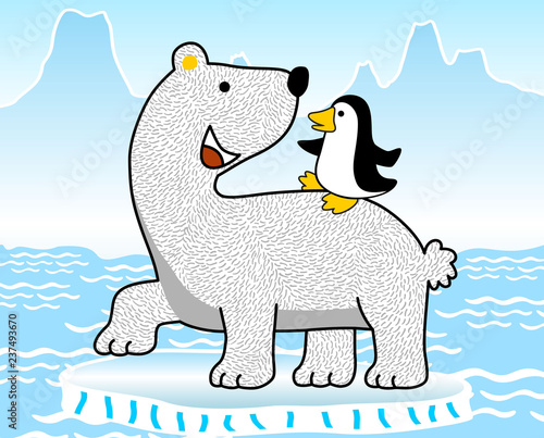 Nice polar bear cartoon with little penguin