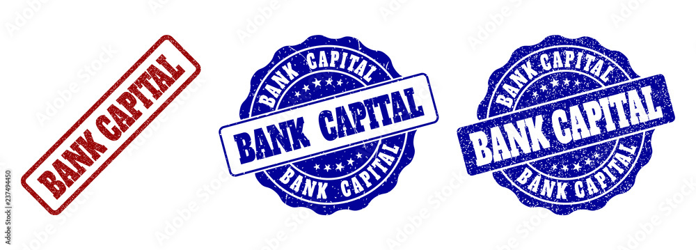 BANK CAPITAL grunge stamp seals in red and blue colors. Vector BANK CAPITAL marks with grunge surface. Graphic elements are rounded rectangles, rosettes, circles and text labels.