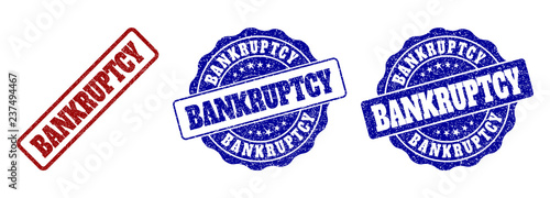 BANKRUPTCY grunge stamp seals in red and blue colors. Vector BANKRUPTCY imprints with grunge effect. Graphic elements are rounded rectangles, rosettes, circles and text labels.