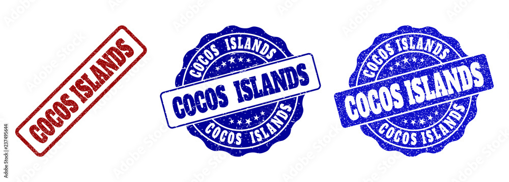 COCOS ISLANDS grunge stamp seals in red and blue colors. Vector COCOS ISLANDS marks with grunge texture. Graphic elements are rounded rectangles, rosettes, circles and text tags.