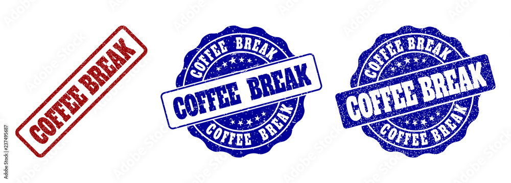 COFFEE BREAK scratched stamp seals in red and blue colors. Vector COFFEE BREAK labels with dirty style. Graphic elements are rounded rectangles, rosettes, circles and text labels.