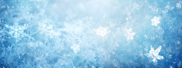 Snow in winter close-up. Macro image of snowflakes, winter holiday background.