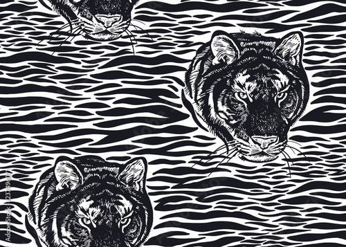 Seamless pattern with Tiger fur stripes and tiger head close-up. Beast style.