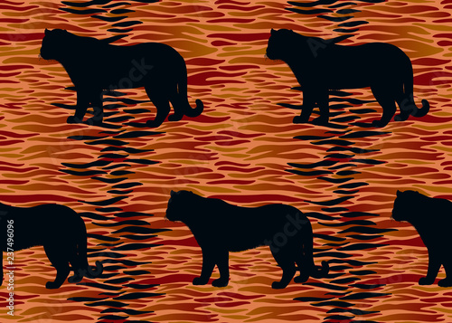 Fototapeta Naklejka Na Ścianę i Meble -  Seamless pattern with Tiger fur stripes and animal silhouettes. Beast style.