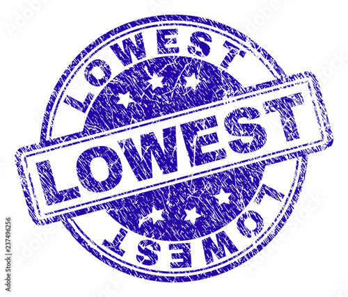 LOWEST stamp seal imprint with distress texture. Designed with rounded rectangles and circles. Blue vector rubber print of LOWEST text with grunge texture.