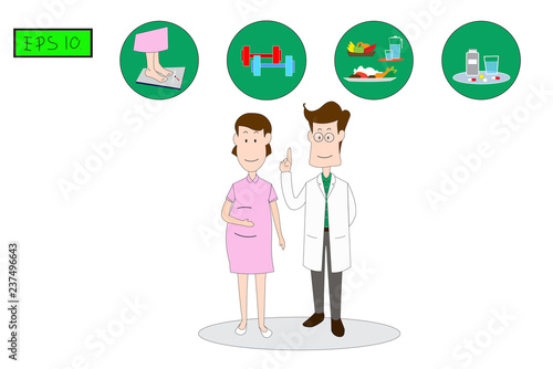 The male doctor stands to explain to women, Precautions to prevent gestational diabetes Inertia. Concept flat style vector medical illustration recommend.-EPS10