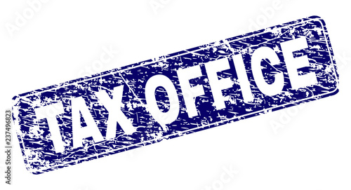 TAX OFFICE stamp seal print with grunge style. Seal shape is a rounded rectangle with frame. Blue vector rubber print of TAX OFFICE caption with grunge style.