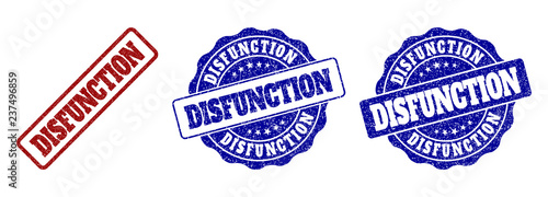 DISFUNCTION grunge stamp seals in red and blue colors. Vector DISFUNCTION labels with grunge style. Graphic elements are rounded rectangles, rosettes, circles and text captions.