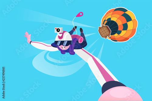 Skydiver flying in the free fall. Cartoon skydiver character in glasses making selfie on action camera. jumping from a hot air balloon. Freedom concept. Flat Vector illustration.