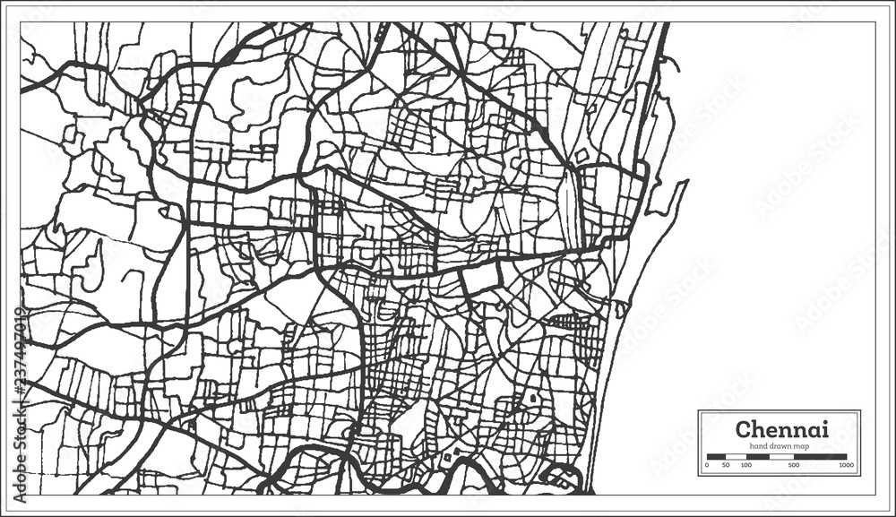 Naklejka premium Chennai India City Map in Retro Style. Outline Map.