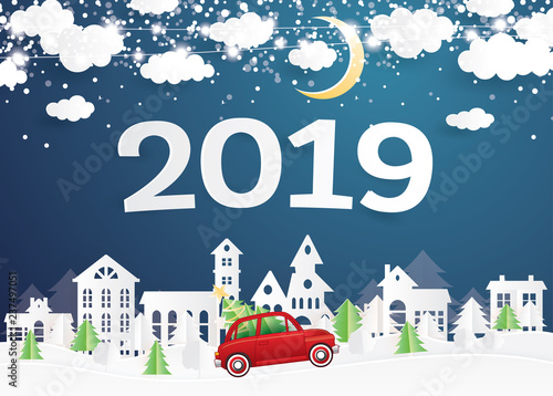 2019. Christmas Village and Red Truck Carry Christmas Tree in Paper Cut Style.