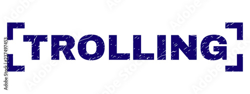 TROLLING title seal watermark with corroded style. Text title is placed between corners. Blue vector rubber print of TROLLING with corroded texture.