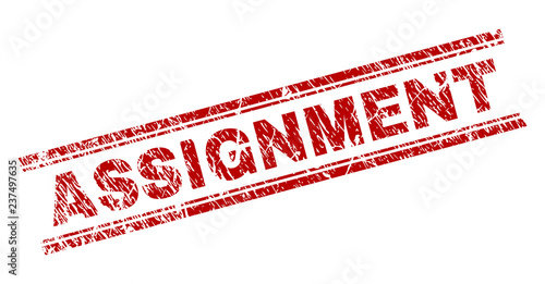 ASSIGNMENT seal print with corroded texture. Red vector rubber print of ASSIGNMENT text with unclean texture. Text title is placed between double parallel lines.